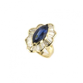 18k Yellow Gold Marquise Sapphire and Baguette Diamond Dress Ring